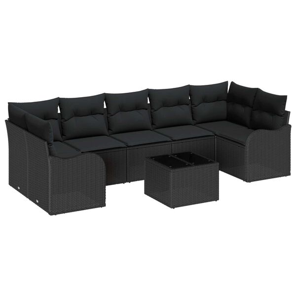 vidaXL Havesofa S&aelig;t med pude 8 pcs Sort Polyrattan og st&aring;l og glas