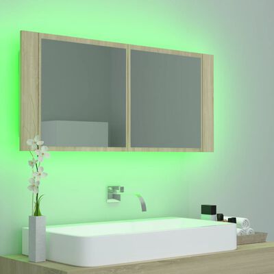 vidaXL badeværelsesskab m. spejl og LED-lys 100x12x45 akryl sonoma-eg