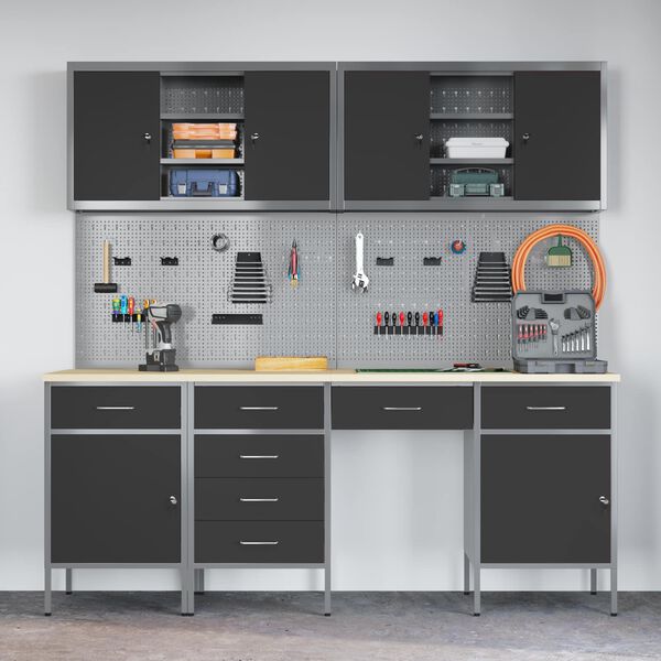 vidaXL Arbejdsskab med skuffe med l&aring;s 10 pcs Sort Ingeni&oslash;rtr&aelig; og st&aring;l