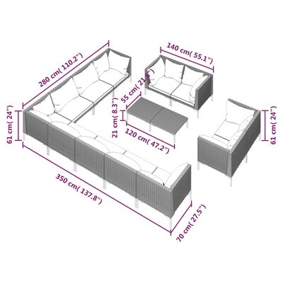 vidaXL loungesæt til haven 13 dele med hynder polyrattan mørkegrå