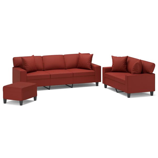 vidaXL sofas&aelig;t 3 dele med puder og hynder kunstl&aelig;der vinr&oslash;d