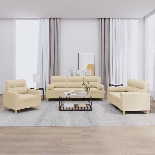 vidaXL sofas&aelig;t 3 dele med puder stof cremefarvet