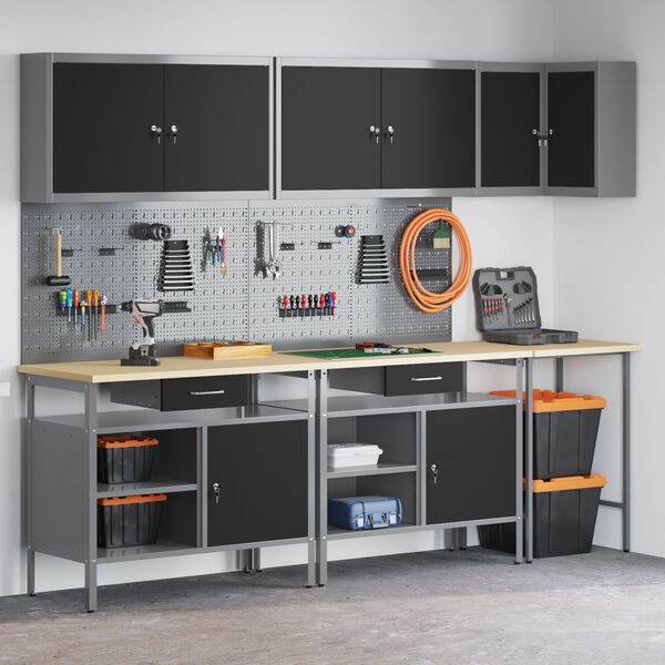 vidaXL Arbejds skab S&aelig;t med skuffe med hylde 10 pcs Sort og gr&aring;
