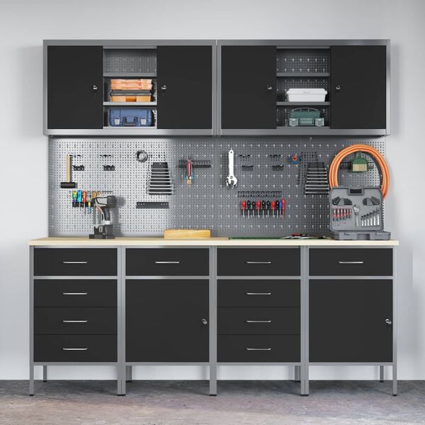 vidaXL Arbejdsskab med skuffe med l&aring;s 10 pcs Sort Ingeni&oslash;rtr&aelig; og st&aring;l