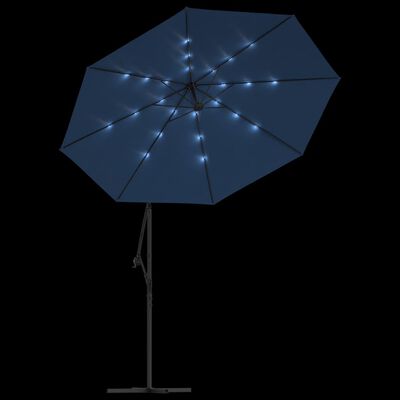 vidaXL hængeparasol med LED-lys og stålstang 300 cm azurblå