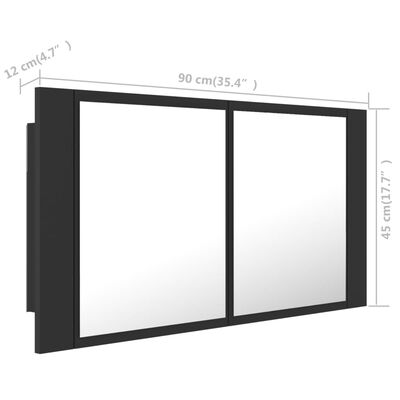 vidaXL badeværelsesskab m. spejl og LED-lys 90x12x45 cm akryl grå