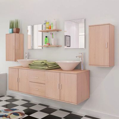 vidaXL sæt med badeværelsesmøbler og håndvask 9 dele beige