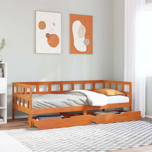 vidaXL daybed med skuffer uden madras 90x200 cm massivt træ gyldenbrun