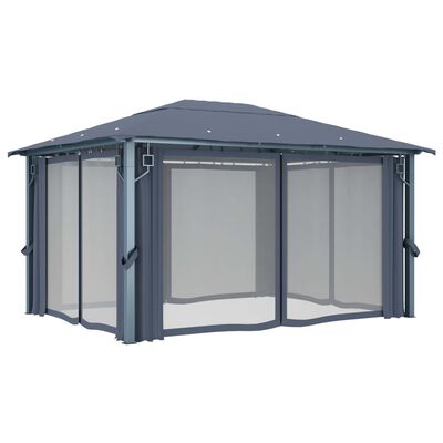 vidaXL pavillon med gardin + LED-lyskæder 400x300 cm aluminium grå