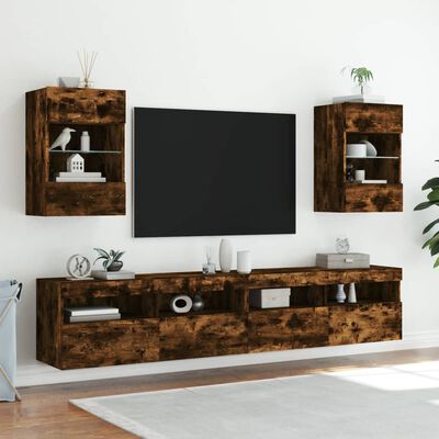 vidaXL væghængt tv-bord med LED-lys 40x30x60,5 cm røget egetræsfarve