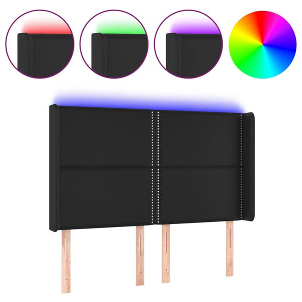 vidaXL sengegavl med LED-lys 147x16x118/128 cm kunstl&aelig;der sort