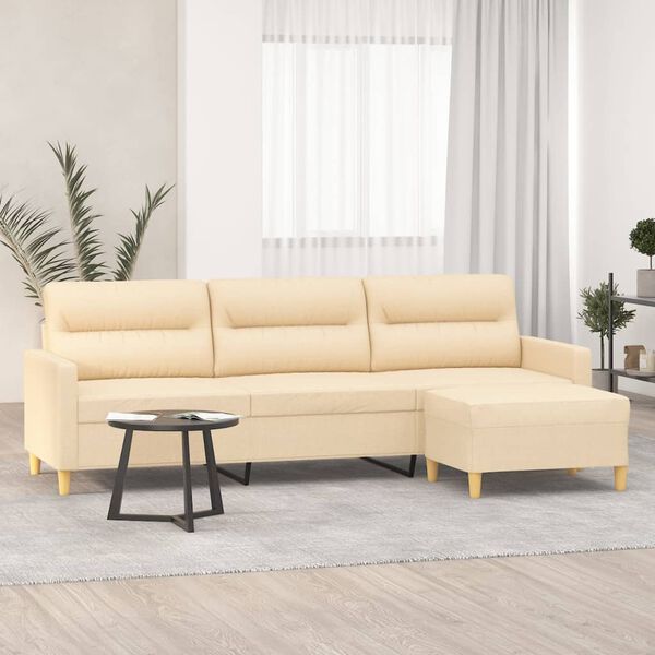 vidaXL 3-personers sofa med fodskammel 210 cm stof Cremefarvet