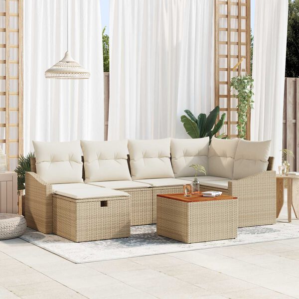 vidaXL Havesofa S&aelig;t med pude med opbevaring 7 pcs Beige polyrattan