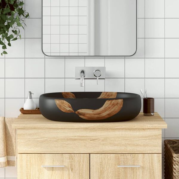 vidaXL h&aring;ndvask til bordplade 59x40x14 cm oval keramik sort
