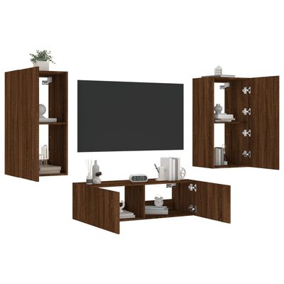 vidaXL tv-møbel til væg 3 dele med LED-lys brun egetræsfarve