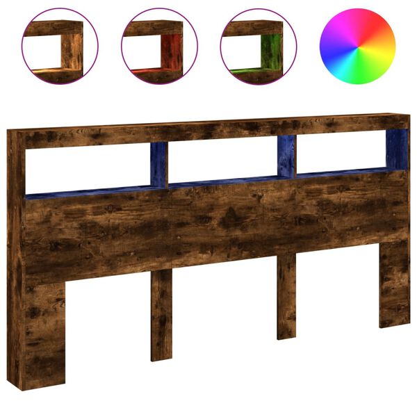 vidaXL sengegavl med opbevaring og LED-lys 200x17x102 cm r&oslash;get eg