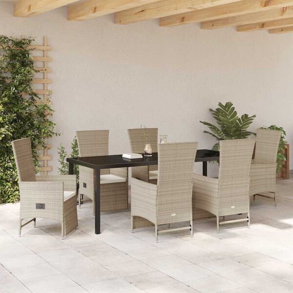 vidaXL Have Spisebordss&aelig;t med pude 7 pcs Beige polyrattan