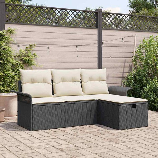 vidaXL Havesofa S&aelig;t med pude 4 pcs Sort og cremefarvet Poly rattan