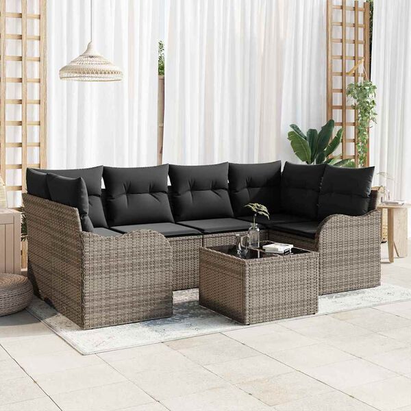 vidaXL Havesofa S&aelig;t med pude 7 pcs Gr&aring; Polyrattan og st&aring;l og glas