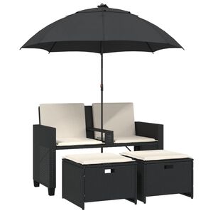 vidaXL 2-personers havesofa med parasol og skamler polyrattan sort