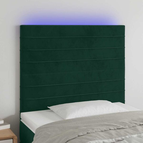 vidaXL sengegavl med LED-lys 80x5x118/128 cm fl&oslash;jl m&oslash;rkegr&oslash;n