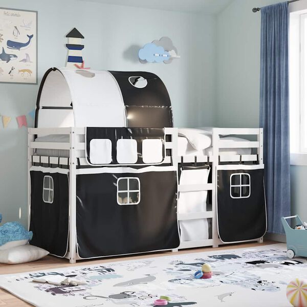 vidaXL køjeseng med gardiner 90x190 cm massivt fyrretræ hvid og sort