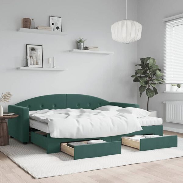 vidaXL daybed med udtræk og skuffer 80x200 cm velour mørkegrøn
