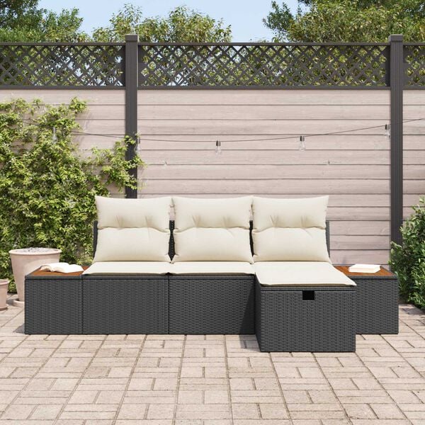 vidaXL Havesofa Sæt med pude 4 pcs Sort Poly rattan