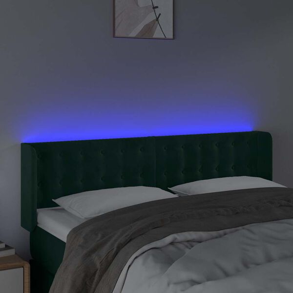 vidaXL sengegavl med LED-lys 147x16x78/88 cm fl&oslash;jl m&oslash;rkegr&oslash;n