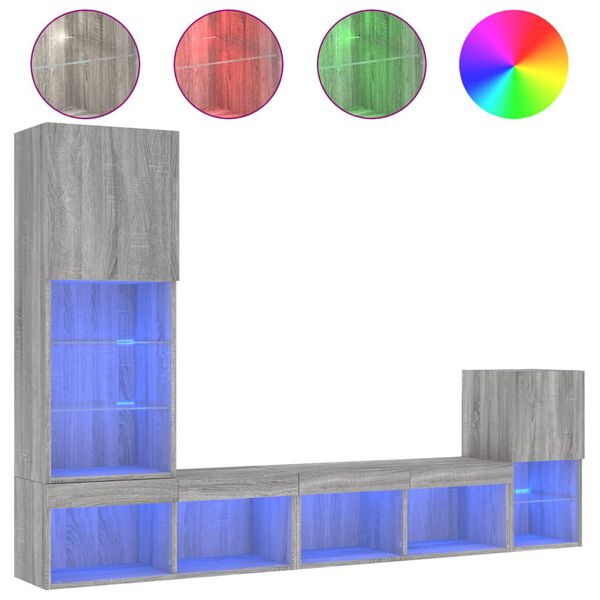 vidaXL tv-m&oslash;bel til v&aelig;g 4 dele med LED-lys konstrueret tr&aelig; gr&aring; sonoma