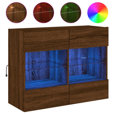 vidaXL væghængt tv-bord med LED-lys 78,5x30x60,5 cm brun egetræsfarve