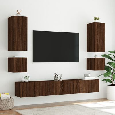 vidaXL tv-møbel til væg 6 dele med LED-lys brun egetræsfarve
