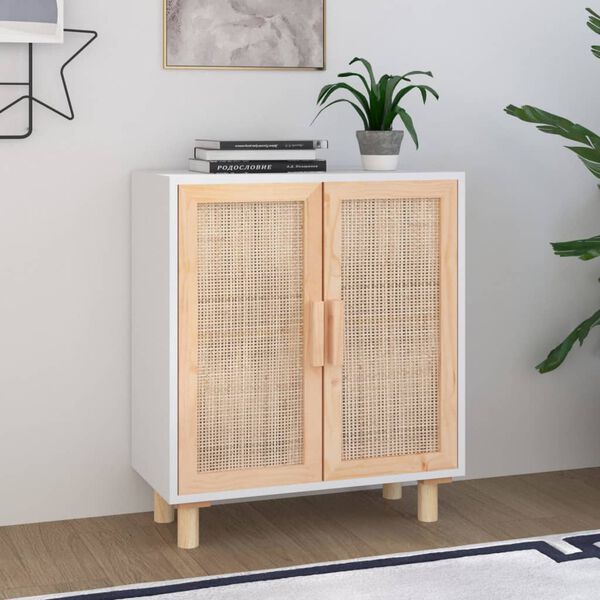 vidaXL skænk 60x30x70 cm massivt fyrretræ og naturlig rattan hvid