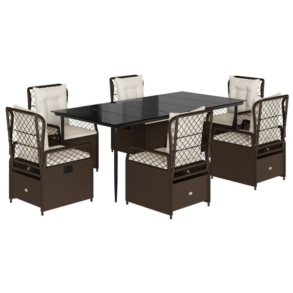 vidaXL spisebordssæt til haven 7 dele med hynder polyrattan brun