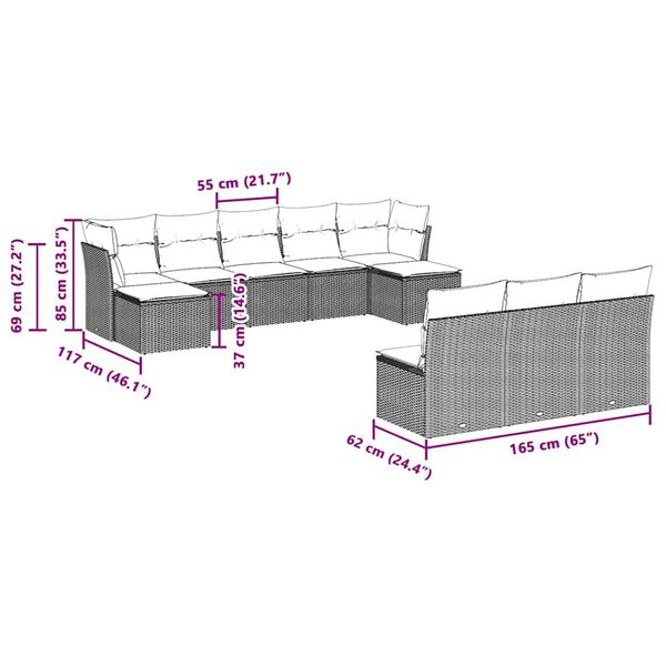 vidaXL sofasæt til haven 10 dele med hynder polyrattan lysegrå