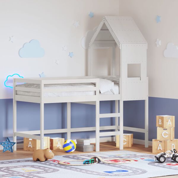 vidaXL h&oslash;jseng med stige og tag 90x190 cm massivt fyrretr&aelig; hvid