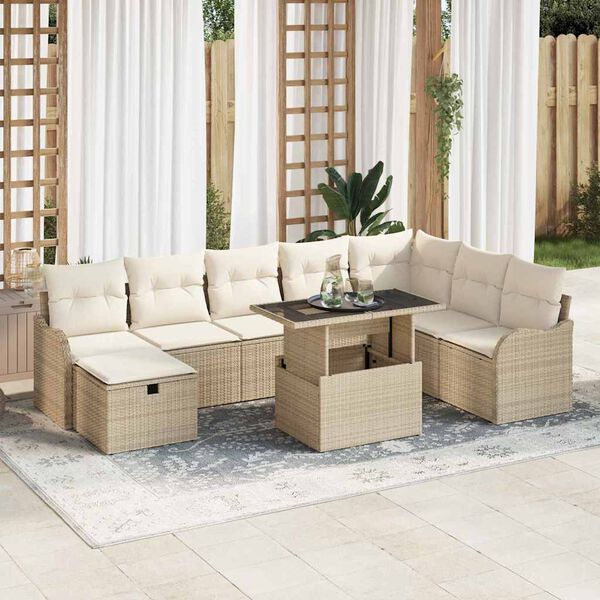 vidaXL Havesofa S&aelig;t med pude med opbevaring 9 pcs Beige Poly rattan