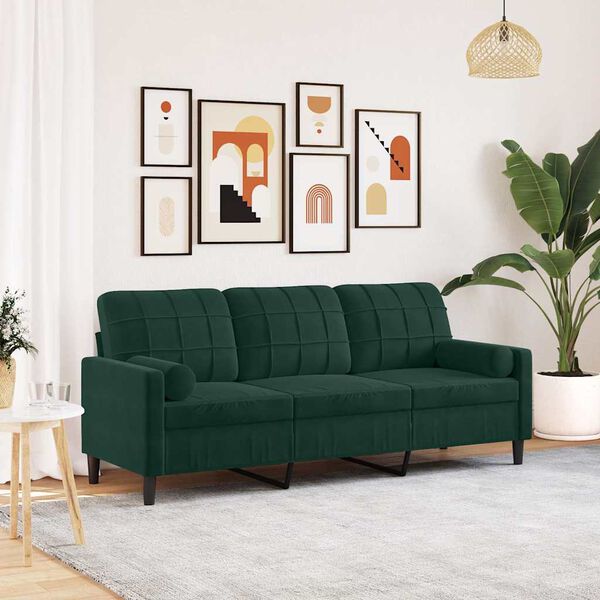 vidaXL 3-personers sofa med pyntepuder 180 cm velour m&oslash;rkegr&oslash;n