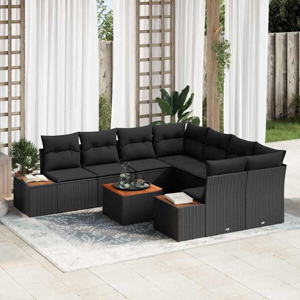 vidaXL Havesofa Sæt med pude 9 pcs Sort Poly rattan