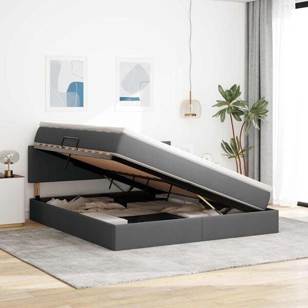 vidaXL Seng med opbevaring og LED med LED M&oslash;rkegr&aring; 160 x 200 cm Stof