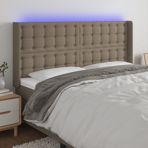 vidaXL sengegavl med LED-lys 203x16x118/128 cm stof gr&aring;brun