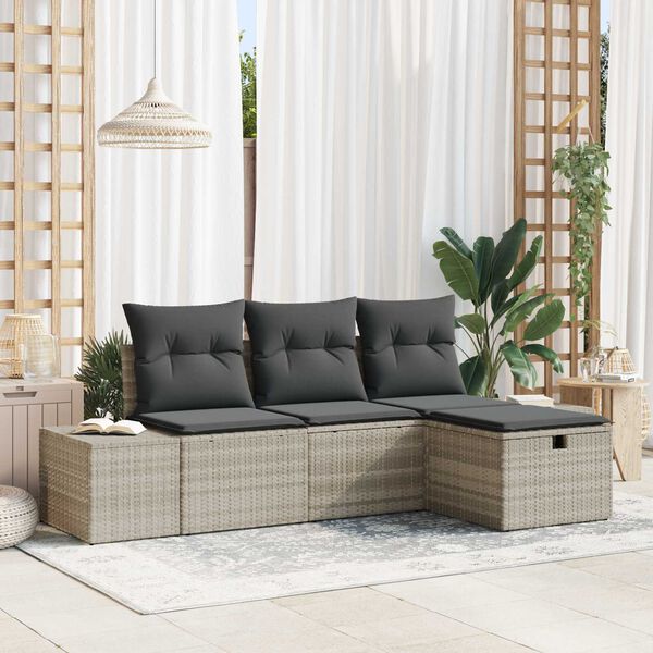 vidaXL Havesofa S&aelig;t med pude 4 pcs Lysegr&aring; Poly rattan