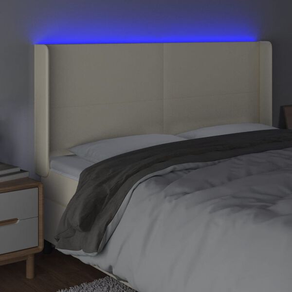 vidaXL sengegavl med LED-lys 183x16x118/128 cm kunstl&aelig;der cremefarvet
