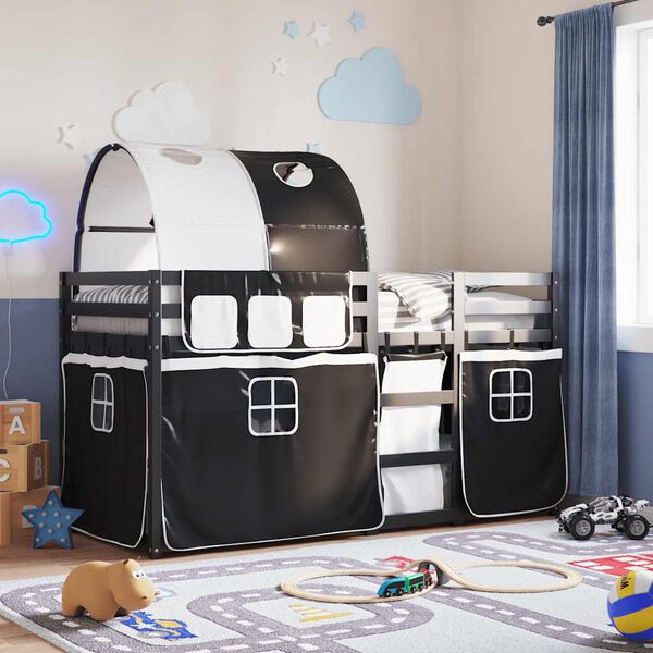 vidaXL køjeseng med gardiner 90x190 cm massivt fyrretræ hvid og sort