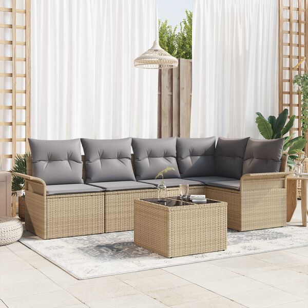 vidaXL Havesofa S&aelig;t med pude med opbevaring 6 pcs Beige Poly rattan