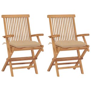 vidaXL Klapstole med beige hynder 2 stk. massivt teaktr&aelig;