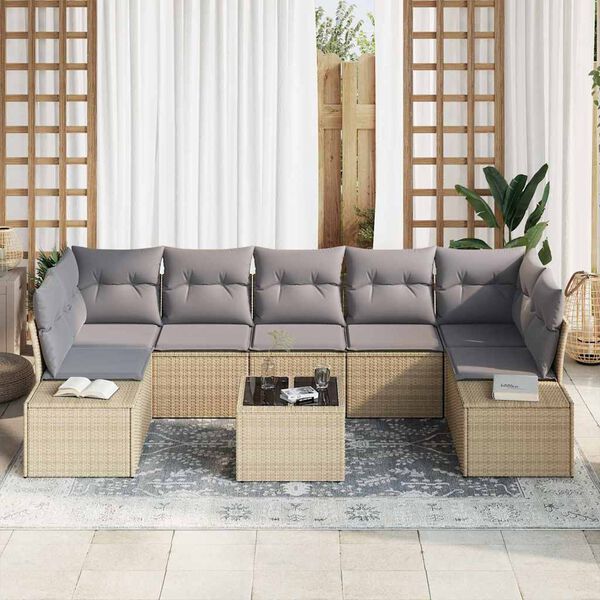 vidaXL Havesofa S&aelig;t med pude 8 pcs Beige og gr&aring; polyrattan