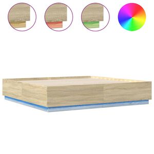 vidaXL sengeramme med LED-lys 200x200 cm konstrueret tr&aelig; sonoma-eg