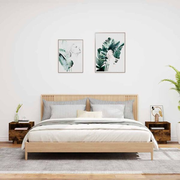 vidaXL sengeborde 2 stk. med LED-lys 40x39x37 cm røget egetræsfarve