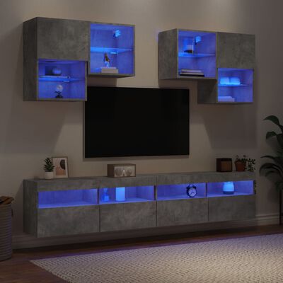 vidaXL væghængt tv-møbel 6 dele med LED-lys betongrå